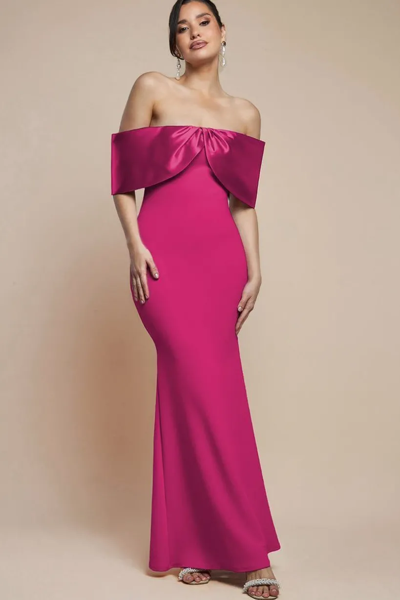 Twist Knot Satin & Scuba Bardot Maxi Dress - Magenta by Goddiva