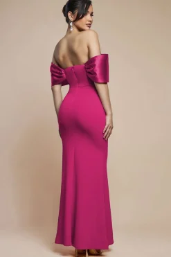 Twist Knot Satin & Scuba Bardot Maxi Dress - Magenta by Goddiva