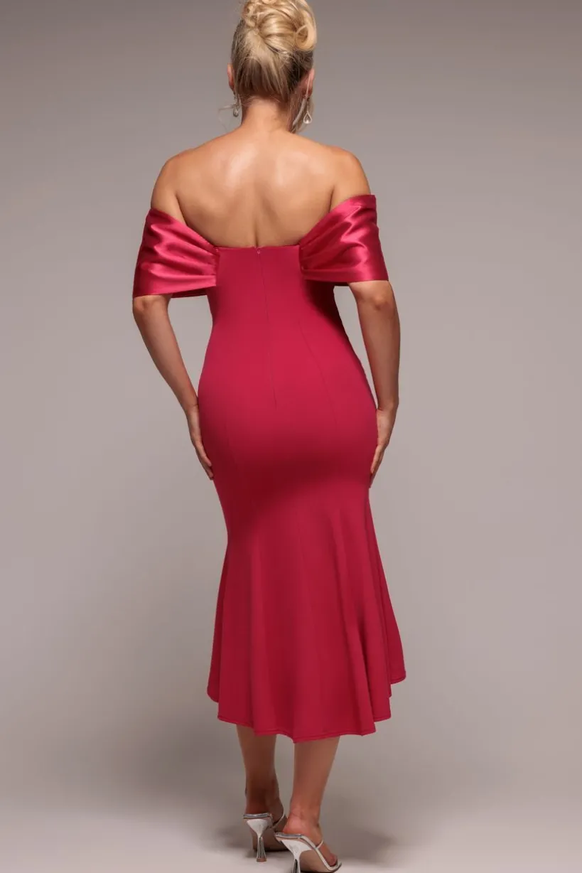 Twist Knot Satin & Scuba Bardot High Low Midi Dress - Magenta by Goddiva