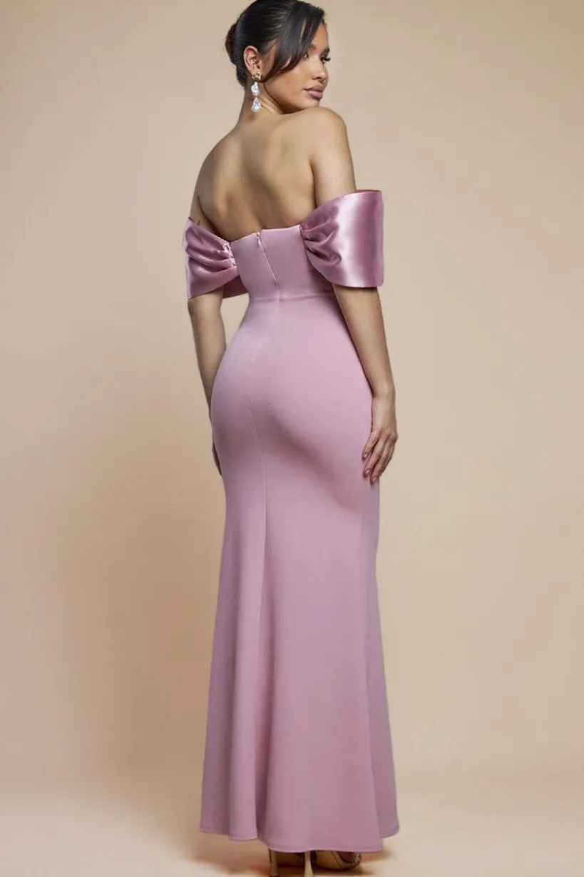 Twist Knot Satin & Scuba Bardot Maxi Dress - Blush Pink by Goddiva