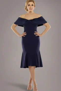 Twist Knot Satin & Scuba Bardot High Low Midi Dress - Navy Blue by Goddiva