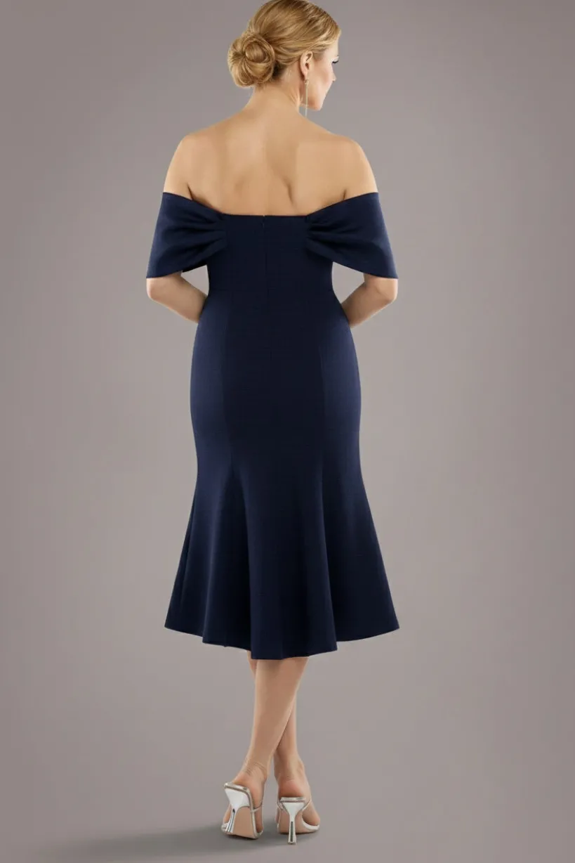 Twist Knot Satin & Scuba Bardot High Low Midi Dress - Navy Blue by Goddiva