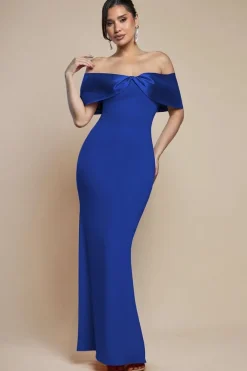 Twist Knot Satin & Scuba Bardot Maxi Dress - Royal Blue by Goddiva