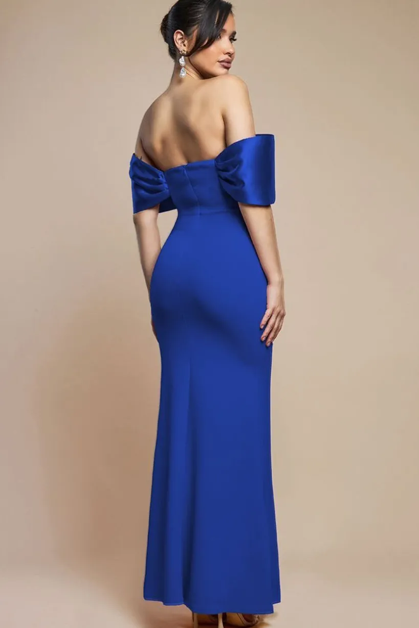 Twist Knot Satin & Scuba Bardot Maxi Dress - Royal Blue by Goddiva