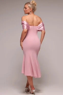 Twist Knot Satin & Scuba Bardot High Low Midi Dress - Blush Pink by Goddiva