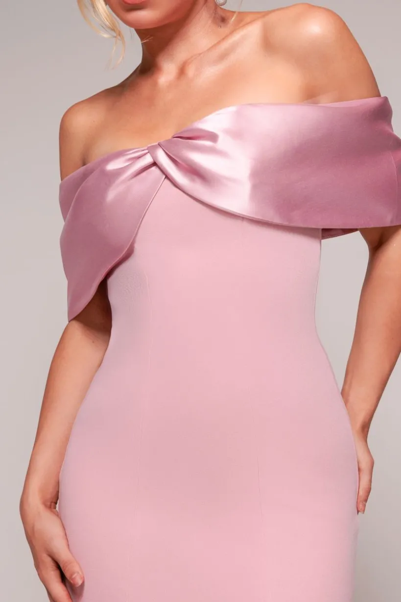 Twist Knot Satin & Scuba Bardot High Low Midi Dress - Blush Pink by Goddiva