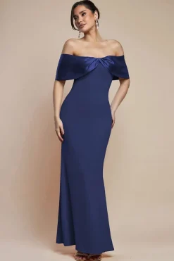 Twist Knot Satin & Scuba Bardot Maxi Dress - Navy Blue by Goddiva