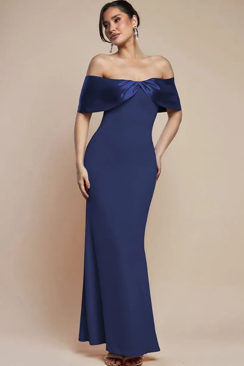 Twist Knot Satin & Scuba Bardot Maxi Dress - Navy Blue by Goddiva