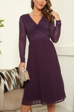 Twist V-Neck Long Sleeve Pleated Dress by Double Second