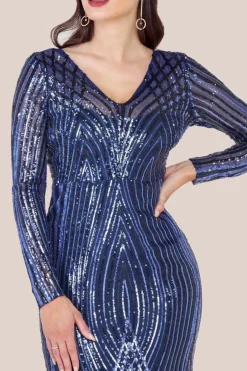 Two Toned V Neck Sequin Maxi - Navy by Goddiva