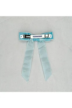 Velvet Bow Hair Clip In Light Blue With Jewels by QueenMee Accessories