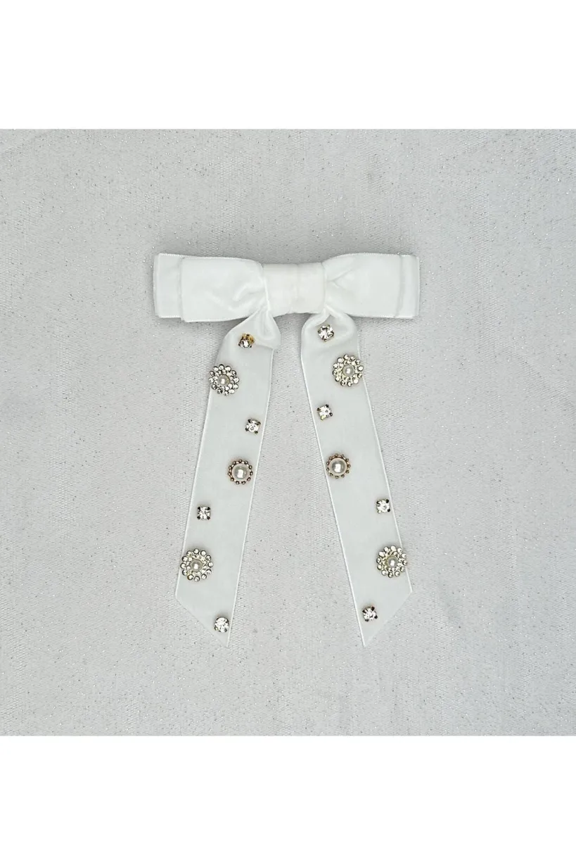 Velvet Bow Hair Clip In White With Jewels by QueenMee Accessories