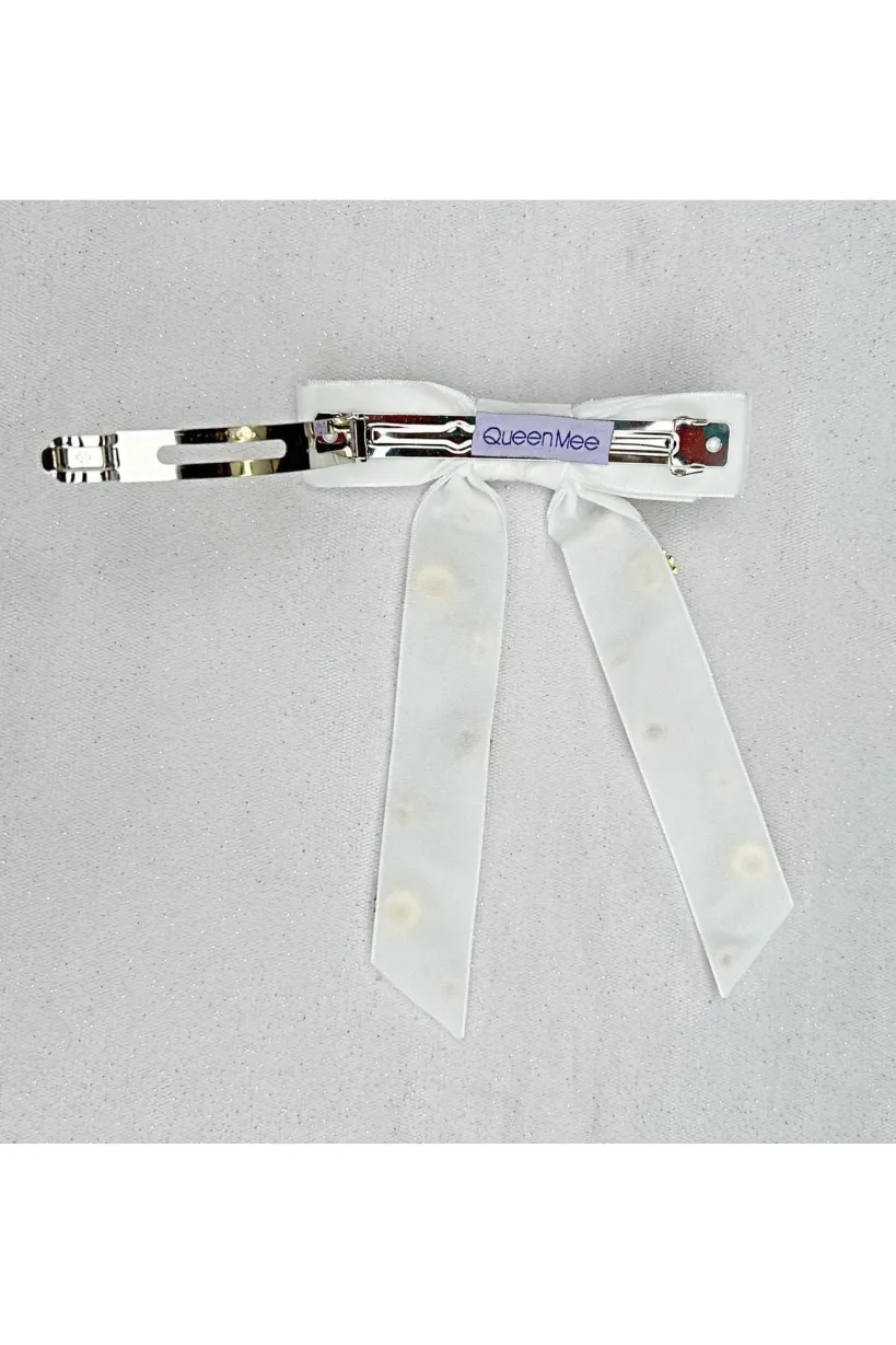 Velvet Bow Hair Clip In White With Jewels by QueenMee Accessories