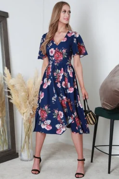 V-Neck Hanky Hem Pleated Floral Dress by Double Second