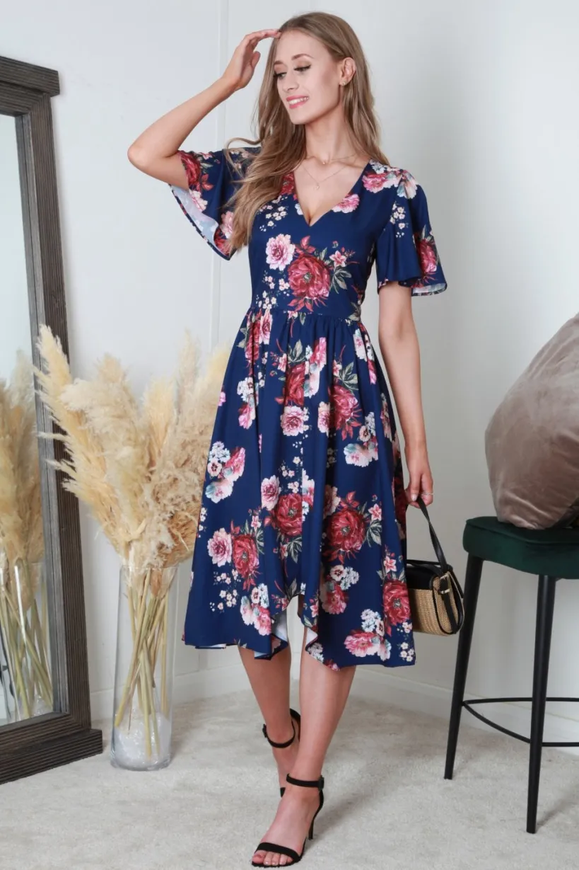 V-Neck Hanky Hem Pleated Floral Dress by Double Second