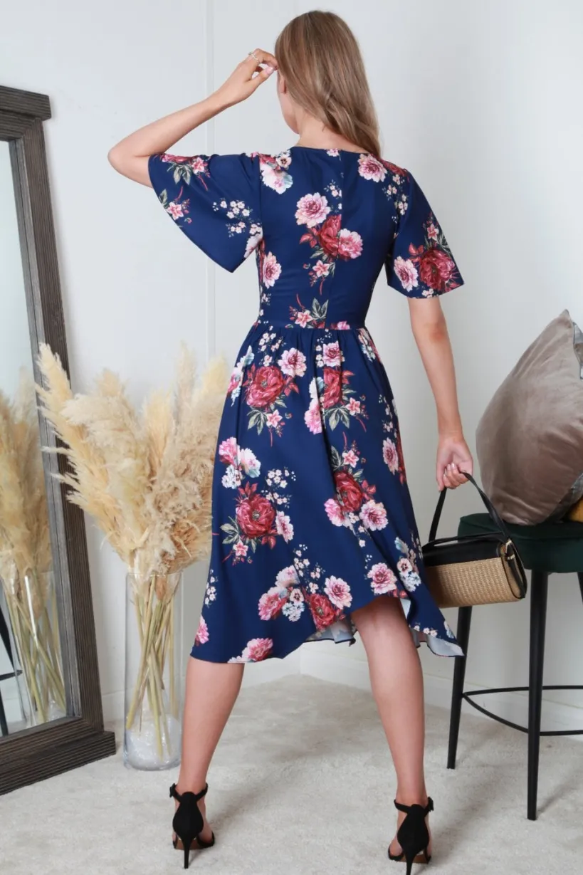 V-Neck Hanky Hem Pleated Floral Dress by Double Second