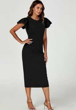 Volume Sleeve Bodycon Midi Dress In Black by FS Collection