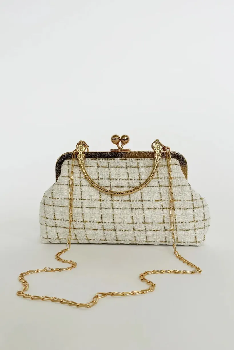 White And Gold Boucle Cross Body Bag by SVNX