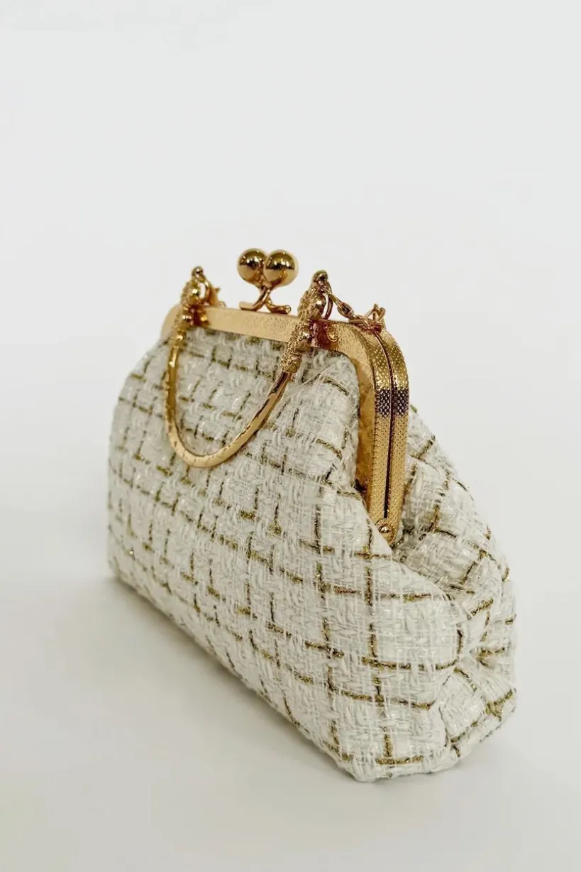 White And Gold Boucle Cross Body Bag by SVNX