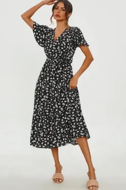 White Floral Print Hem Tiered Wrap Midi Dress In Black by FS Collection