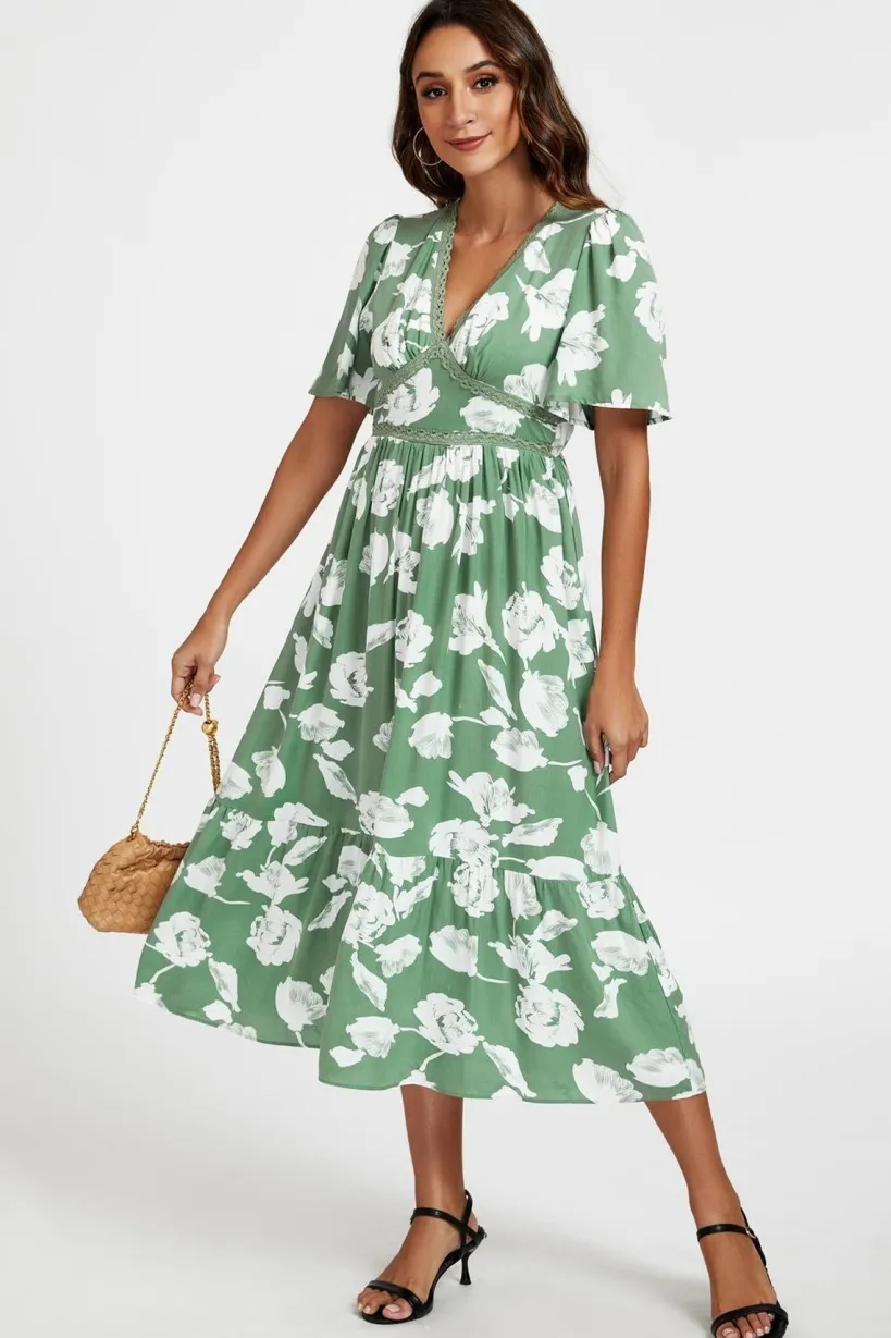White Floral Print Lace Detail Angel Sleeve Midi Dress In Green by FS Collection