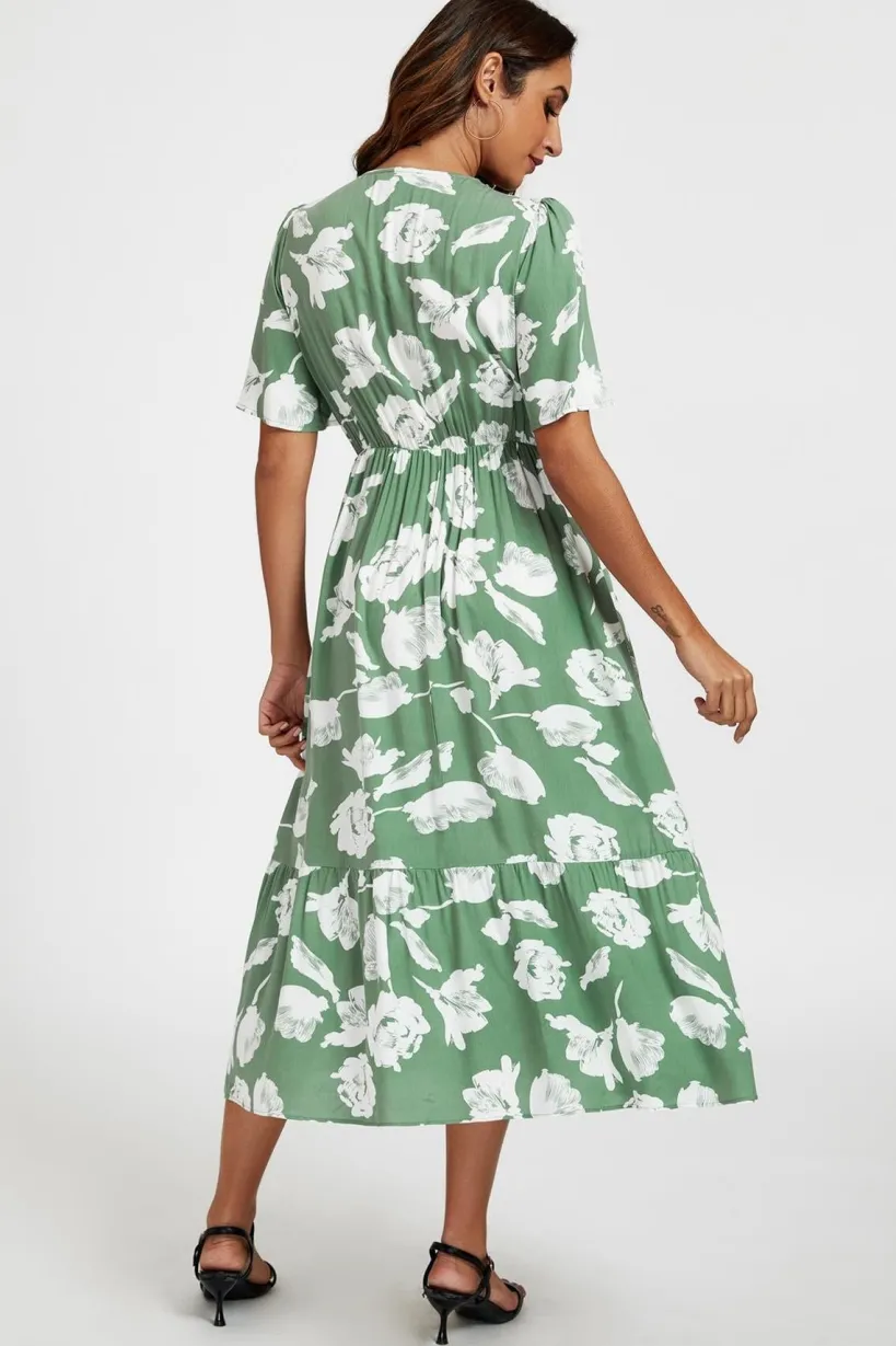 White Floral Print Lace Detail Angel Sleeve Midi Dress In Green by FS Collection