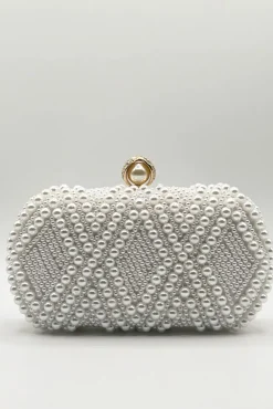 White Pearl Beaded Clutch Bag by SVNX