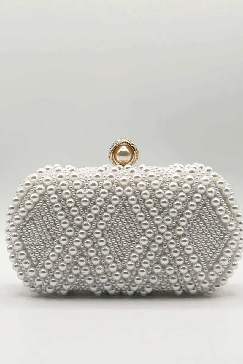White Pearl Beaded Clutch Bag by SVNX