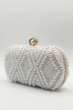 White Pearl Beaded Clutch Bag by SVNX