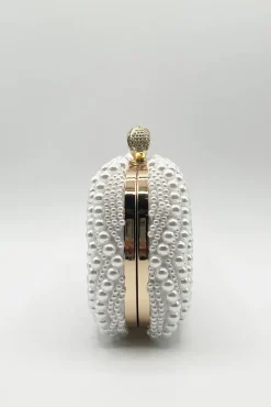 White Pearl Beaded Clutch Bag by SVNX