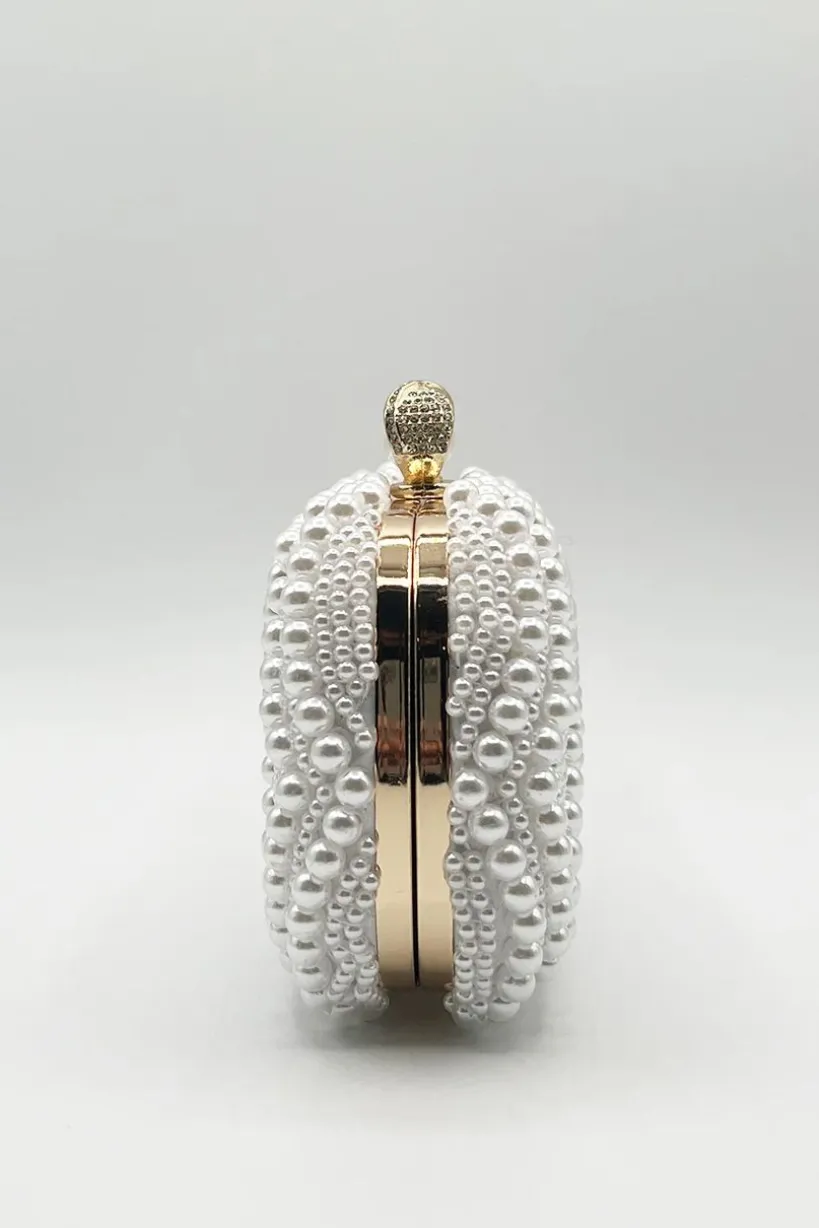 White Pearl Beaded Clutch Bag by SVNX