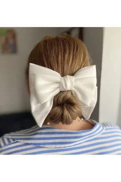 White Satin Hair Bow White Hair Clip by QueenMee Accessories