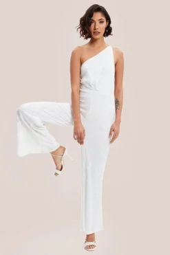 White Sequin Jersey One Shoulder Jumpsuit by Liquorish