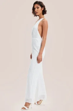 White Sequin Jersey One Shoulder Jumpsuit by Liquorish