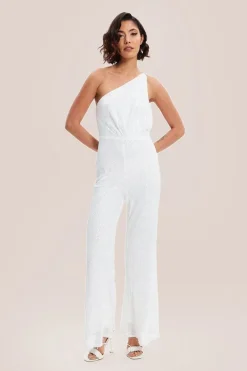 White Sequin Jersey One Shoulder Jumpsuit by Liquorish