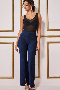 Wide Leg Lurex Trouser - Royal Blue by Goddiva
