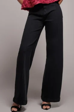 Wide Leg Stretch Denim Jeans - Black by Goddiva denim