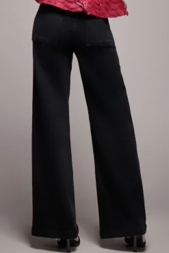 Wide Leg Stretch Denim Jeans - Black by Goddiva denim