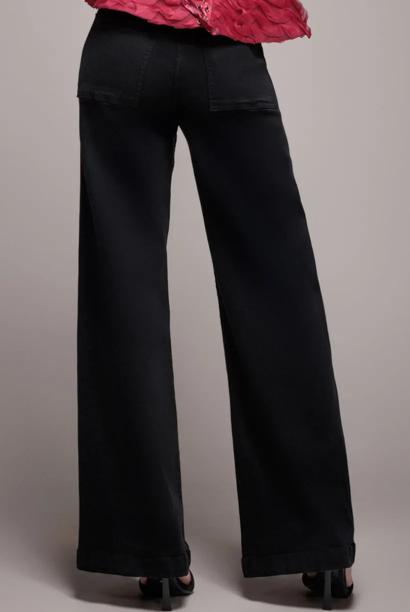 Wide Leg Stretch Denim Jeans - Black by Goddiva denim