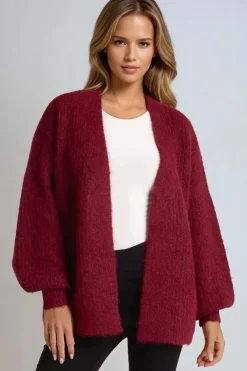 Wine Wool Blend Balloon Sleeve Knitted Cardigan by Aftershock London
