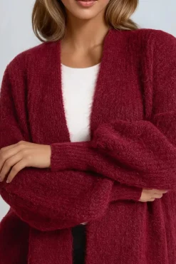 Wine Wool Blend Balloon Sleeve Knitted Cardigan by Aftershock London