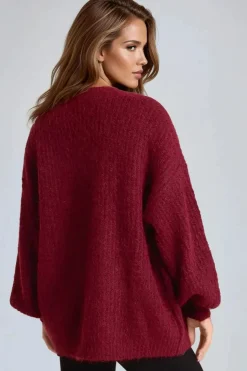 Wine Wool Blend Balloon Sleeve Knitted Cardigan by Aftershock London
