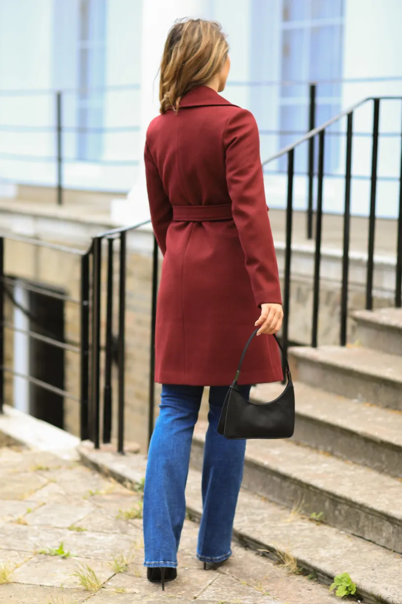 Wool Blend Collared Wrap Coat by Double Second