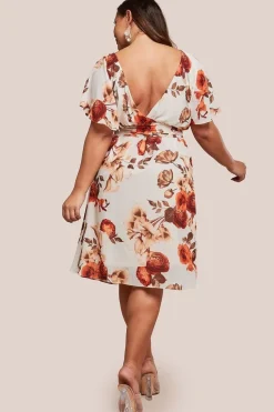 Wrap Back Flutter Sleeve Midi Dress - Beige by Goddiva Plus