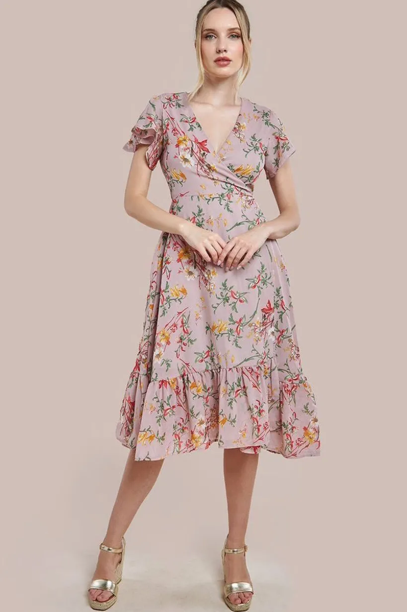Wrap Flutter Sleeve Floral Midi Dress - Beige by City Goddess