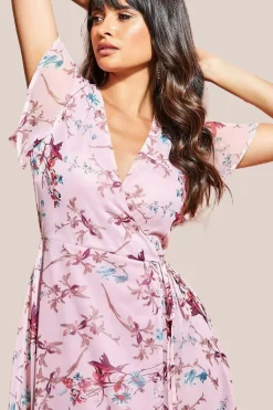 Wrap Flutter Sleeve Floral Midi Dress - Peach by City Goddess