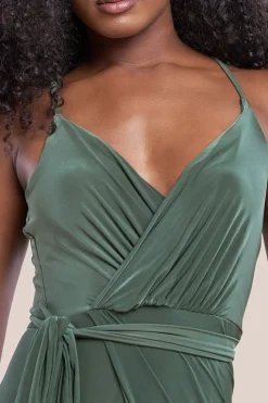 Wrap Front Maxi Slip Dress With Waist Tie-Up - Olive Green by City Goddess