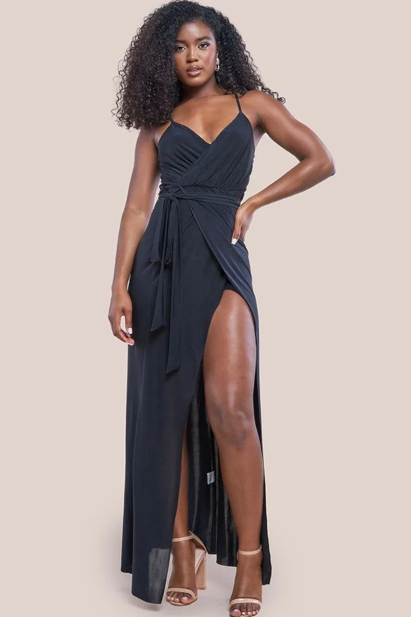 Wrap Front Maxi Slip Dress With Waist Tie-Up - Black by City Goddess