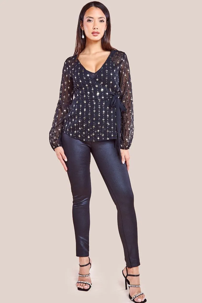 Wrap Sequin Top With Cami - Blackgold by Goddiva
