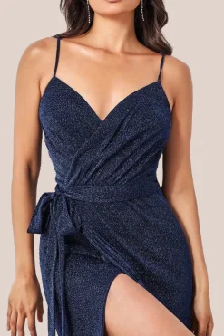 Wrap Style Spaghetti Strap Maxi With Split - Navy by Goddiva